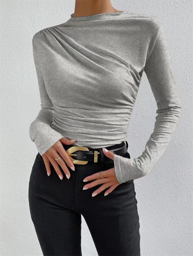 Damen nan gerafftes Langarmshirt mit asymmetrischem U-Boot-Ausschnitt und figurbetonter Silhouette Drune