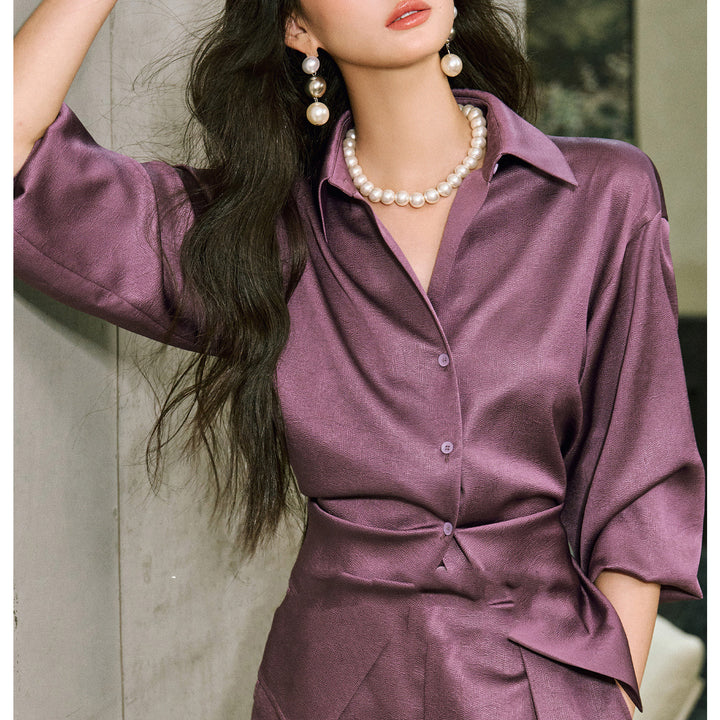 Damen Elegante Bluse mit schimmerndem Finish und Taillengürtel Drune