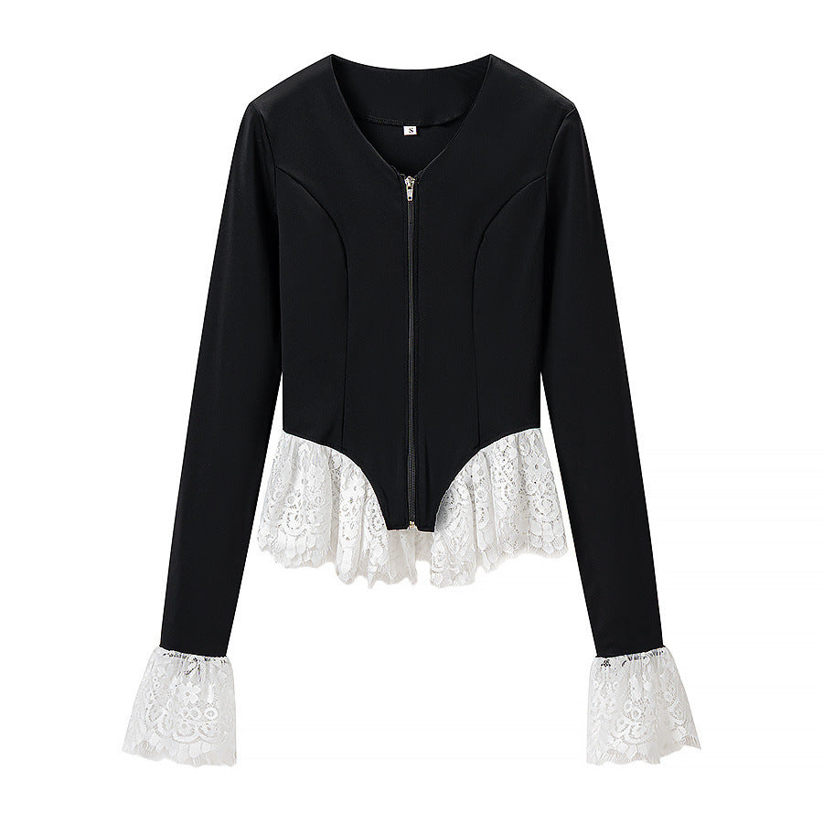 Damen Taillierte Kurzjacke mit Mittelreißverschluss und Spitzenvolants Drune
