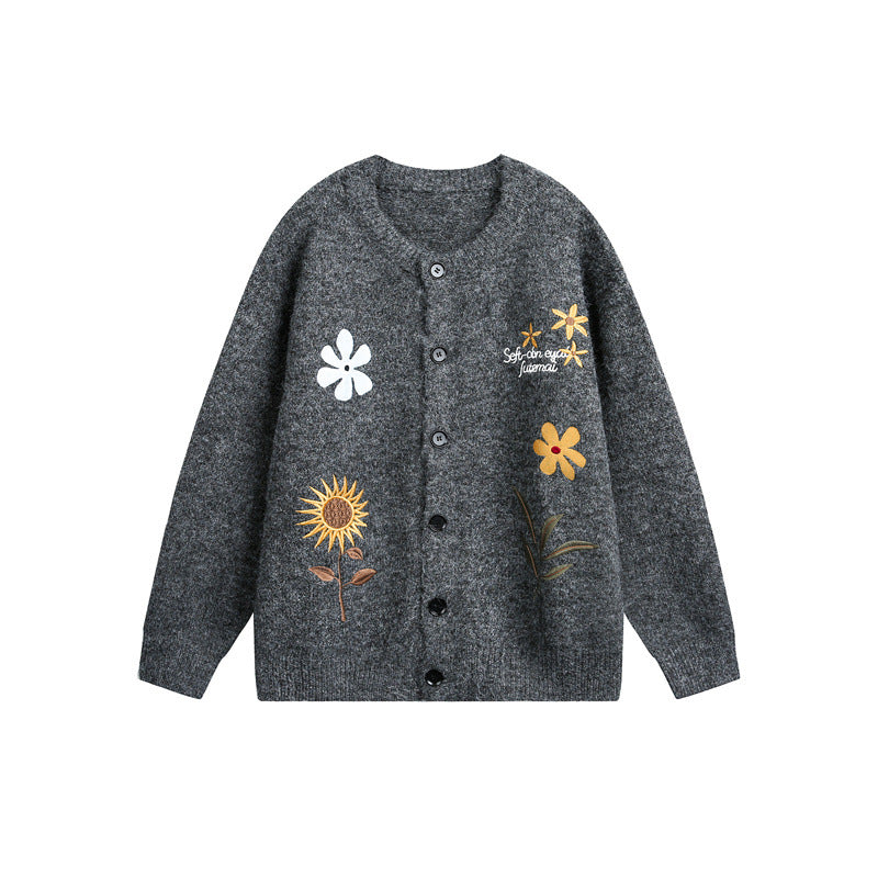 Damen Strick-Cardigan mit Blumenstickerei, Rundhalsausschnitt und Knopfleiste Drune
