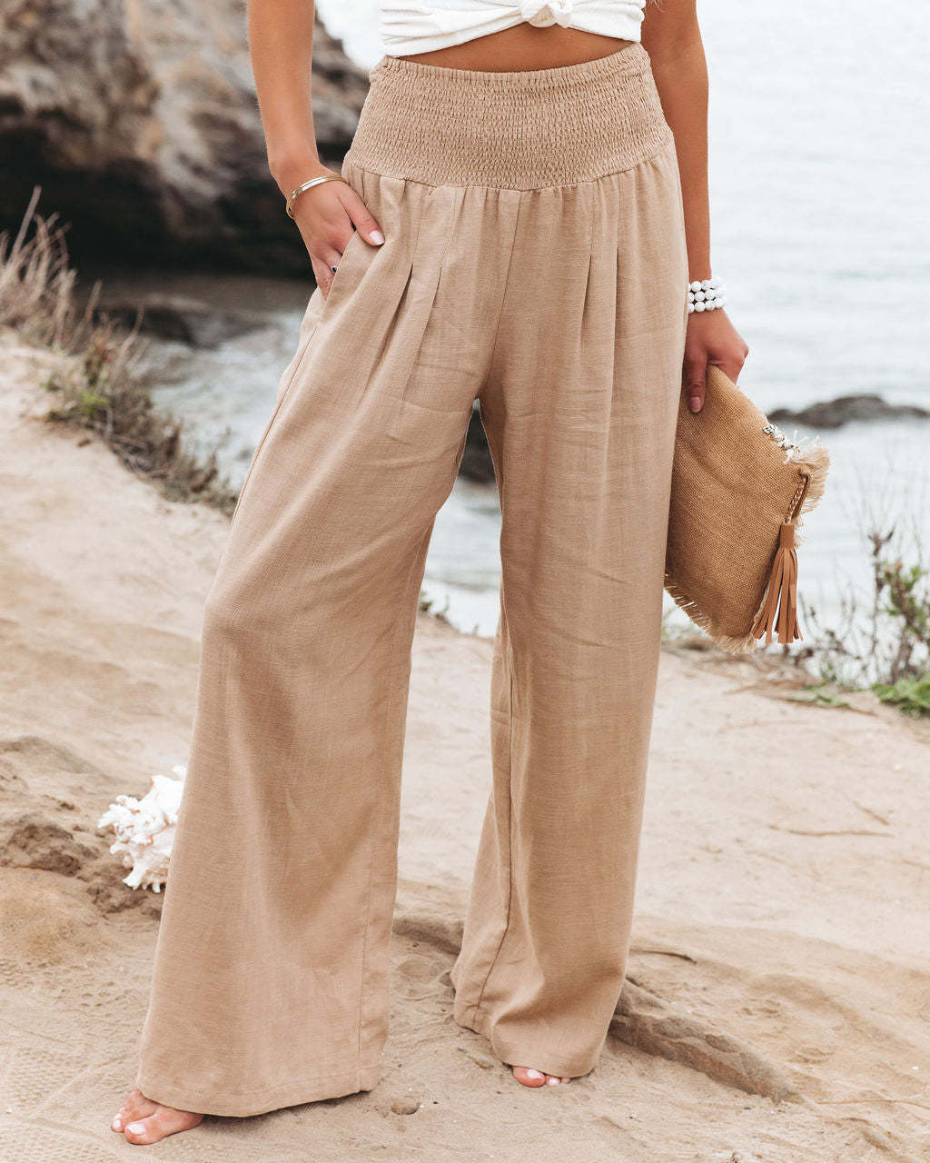 Damen weite Leinenhose mit elastischem Bund und Falten Drune