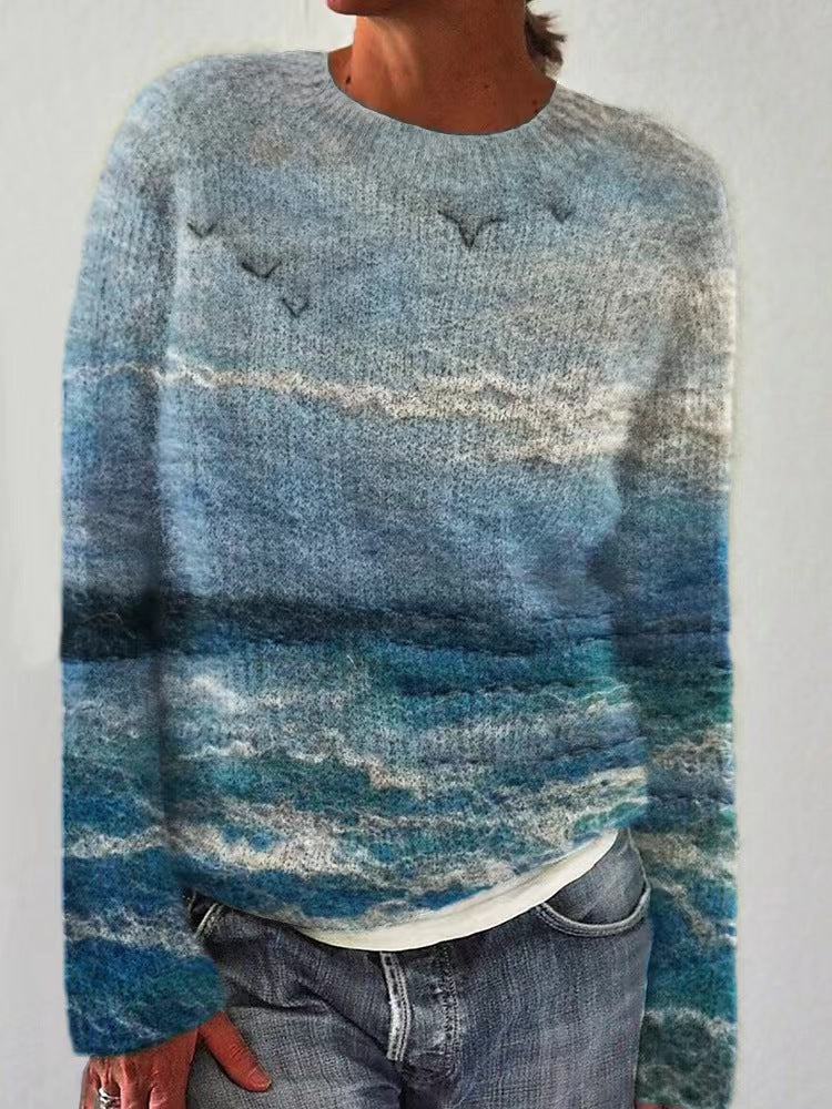 Damen nan bestickter Strickpullover mit reliefartiger Blumenstickerei und Rundhalsausschnitt Drune