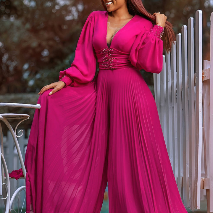 Damen eleganter Jumpsuit mit plissiertem Design und glitzernden Details Drune