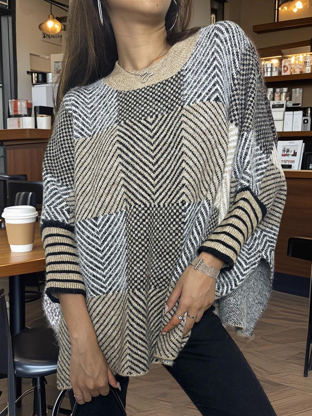 Damen asymmetrischer Strickpullover mit Zickzackmuster Drune