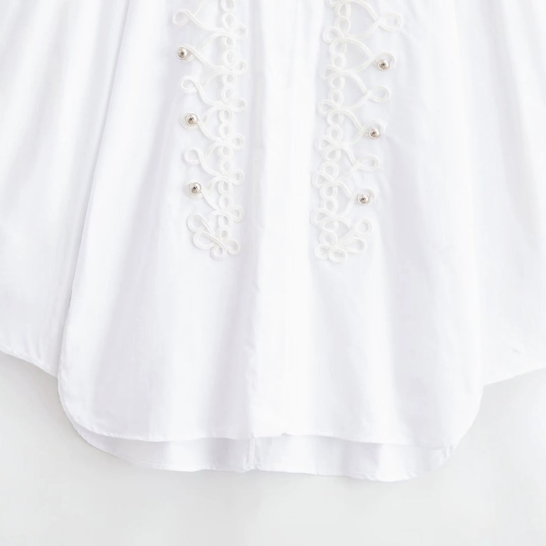 Damen Bluse mit dekorativen Froschverschlüssen und Zierkordeln Drune