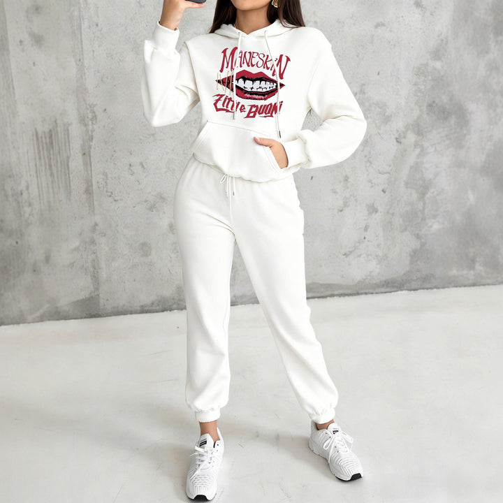 Damen nan Hoodie- und Jogginghose-Set mit Kapuze, Kängurutasche, elastischem Bund und auffälligem Lippen-Statementprint Drune