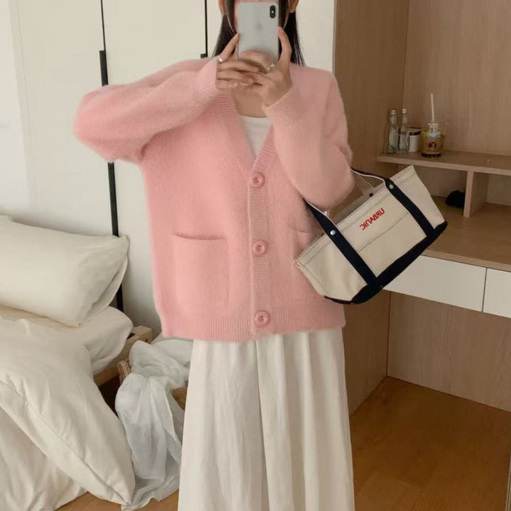 Damen Flauschiger Knopf-Cardigan mit eleganten Taschen Drune