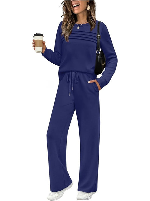 Damen Zweiteiliges Lounge-Set mit Plissee-Detail, Rundhals-Sweatshirt und weitem Kordel-Hose Drune