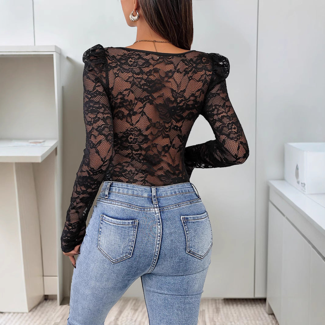 Damen Figurformender Spitzen-Bustierbody mit Korsettnähten und langen Transparenteärmeln Drune