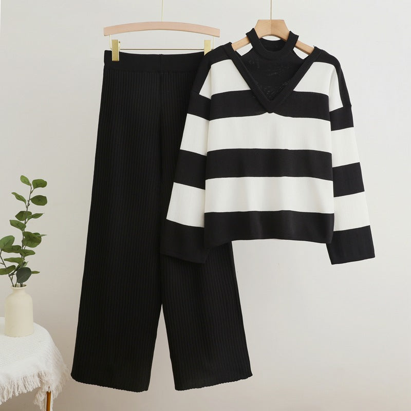 Damen modisches Strickensemble mit V-Ausschnitt und breiten Streifen Drune