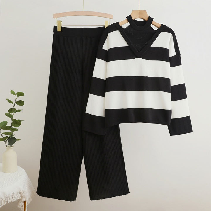 Damen modisches Strickensemble mit V-Ausschnitt und breiten Streifen Drune