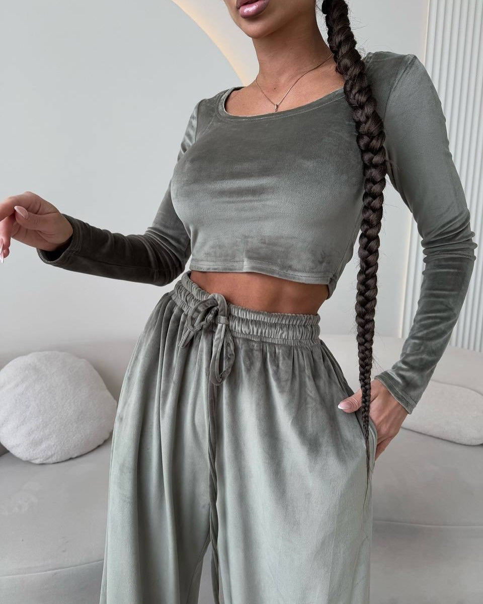 Damen Samt-Loungewear-Set mit Cropped-Langarmshirt und hoher Taillen-Palazzohose Drune