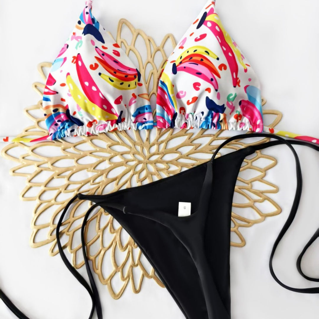 Damen Bikini-Set mit buntem Obstmuster und seitlichem Knoten Drune