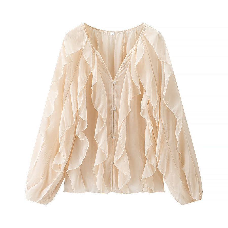 Damen Voluminöse Chiffonbluse mit mehrlagigen Volants und Knopfverschluss Drune