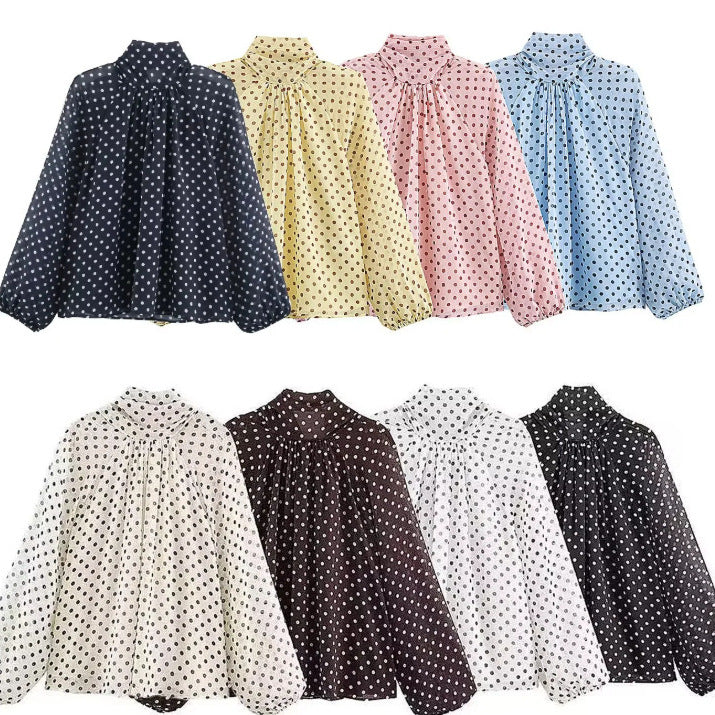 Damen 100+ Chiffonbluse mit Schleifenkragen, Puffärmeln und Tupfenprint Drune