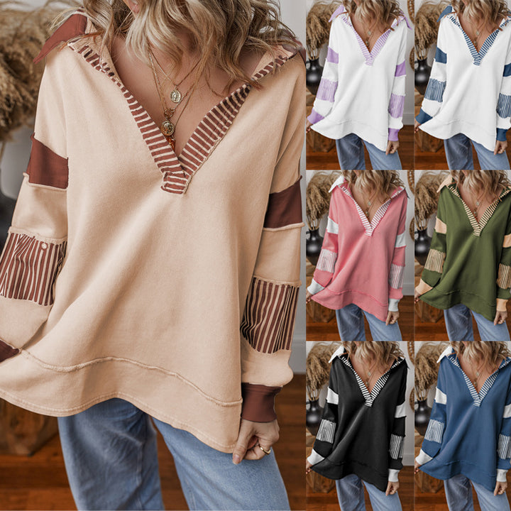 Damen Oversize Sweatshirt mit V-Ausschnitt, gestreiften Ärmelaufsätzen und Kontrastdetails Drune
