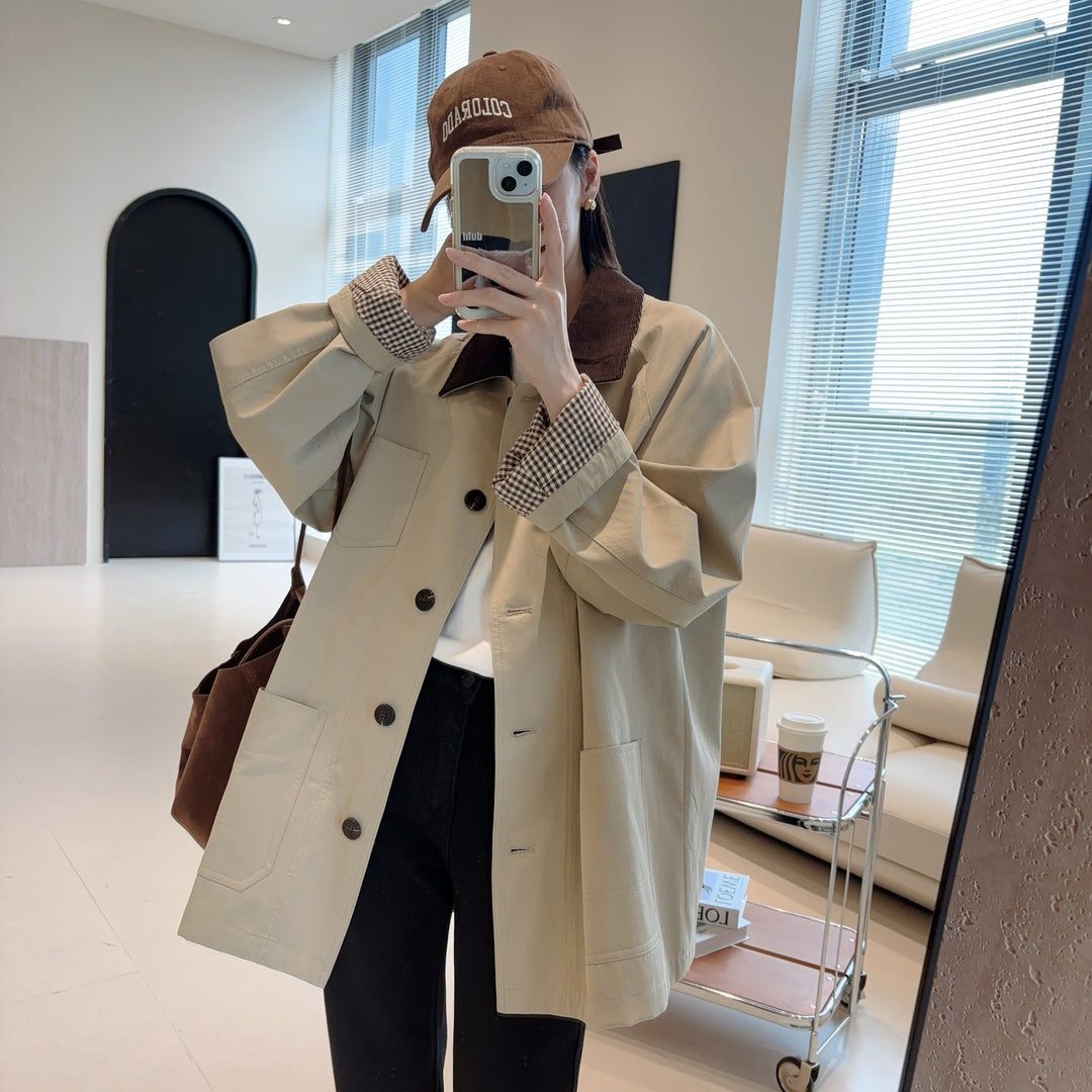 Damen Modische Oversized-Jacke mit kontrastierendem Kragen Drune