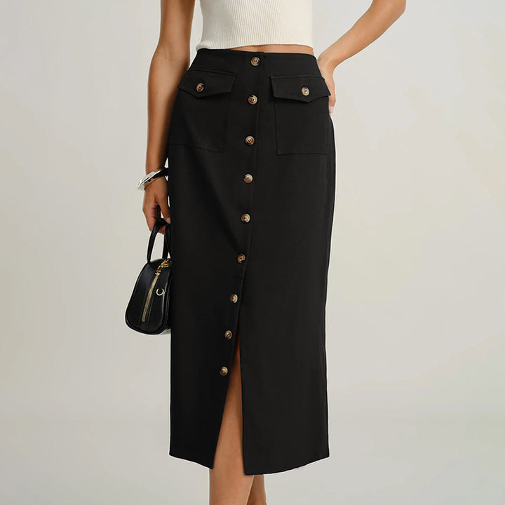 Damen Hochtaillierter Midirock mit durchgehender Knopfleiste, Pattentaschen und Frontschlitz Drune