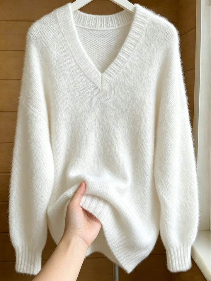 Damen Flauschiger Mohair-Mix Oversize-Pullover mit tiefem V-Kragen Drune