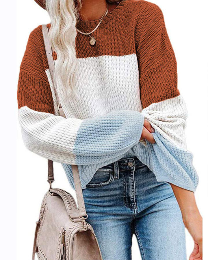 Damen Oversize Colorblock Strickpullover mit Ballonärmeln Drune