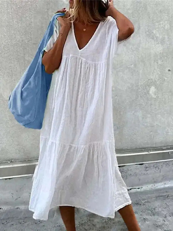 Damen Sommerkleid mit V-Ausschnitt und voluminösem Rock Drune