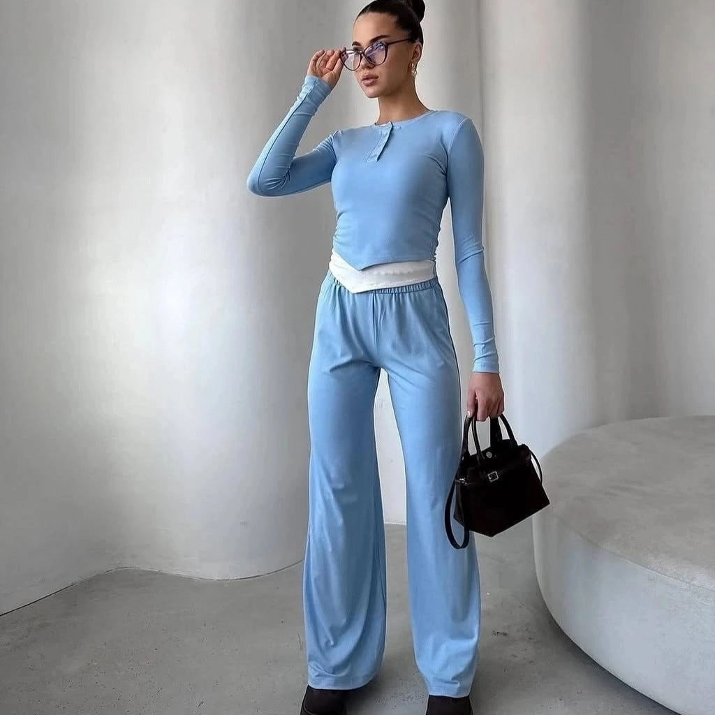Damen Loungewear-Set aus weichem Modal mit Henley-Knopfleiste und weitem High-Waist Jogger Drune
