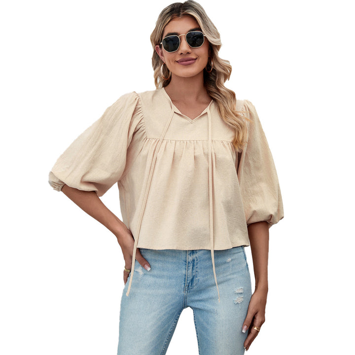 Damen lockere Babydoll-Bluse mit Schleifenkragen und 3/4-Volumenärmeln Drune