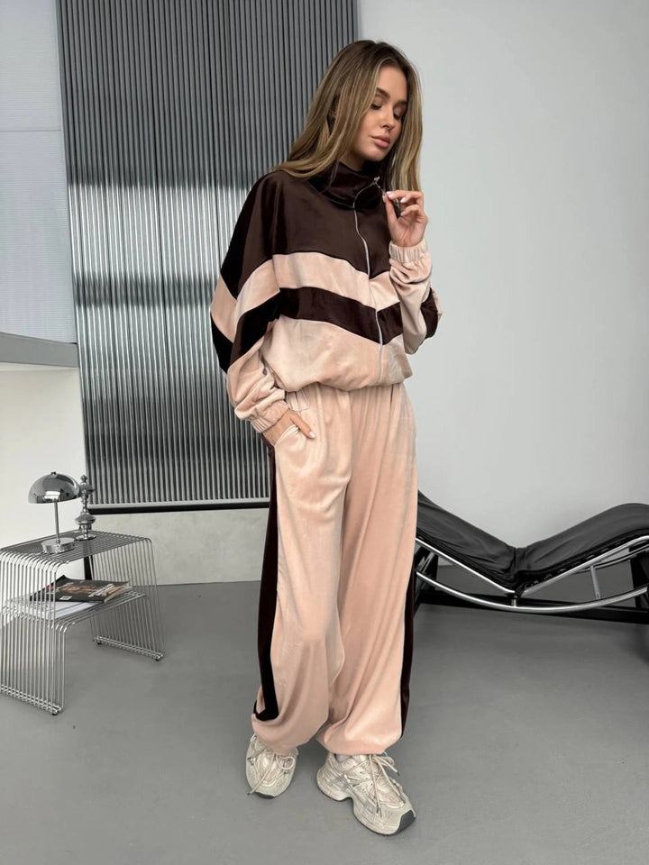 Damen Retro-inspiriertes Samt-Trackset mit Chevron-Design, Stehkragen und weiter High-Waist-Jogger Drune
