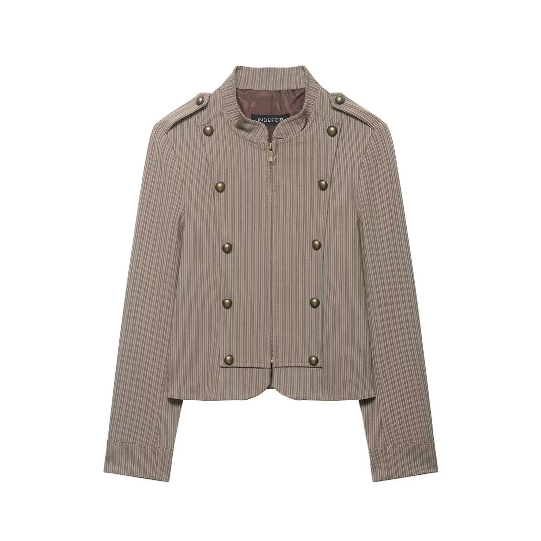 Damen Kurzjacke im Military-Stil mit Stehkragen, Zierknopfleiste und feinem Nadelstreifen Drune