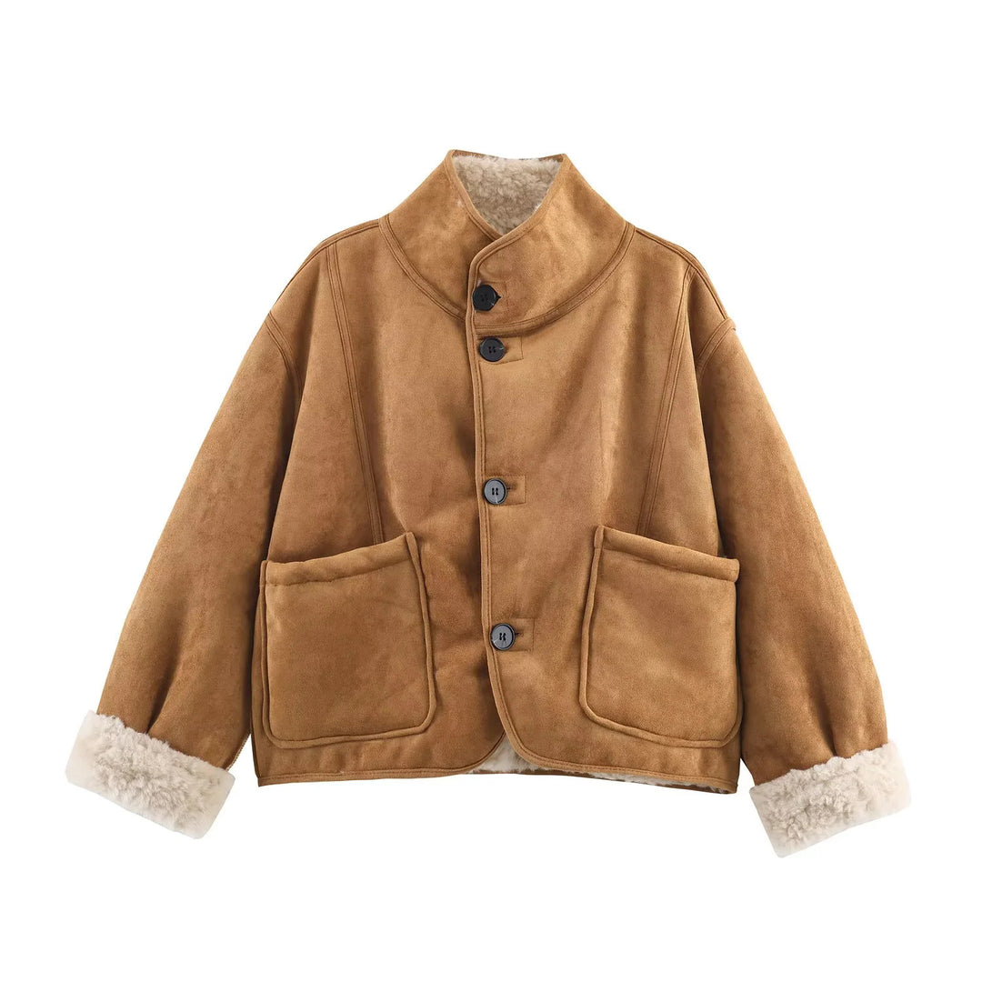 Damen nan kurze Oversize Lammfelloptik Jacke mit Schalkragen und großen aufgesetzten Taschen Drune