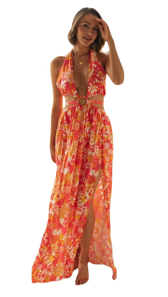 Damen Maxikleid mit floralem Design und tiefem V-Ausschnitt Drune