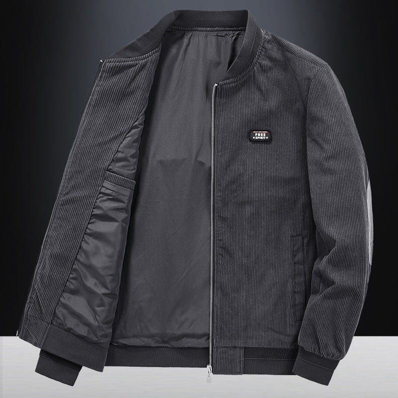 Herren Kord-Blousonjacke im Bomberstil mit elastischem Rippbund, gesteppter Innenfütterung und Logo‑Patch Drune