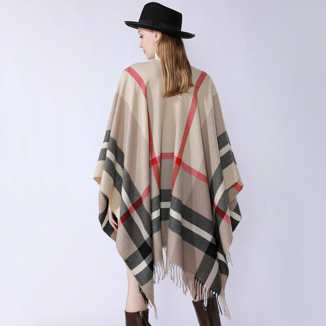 Damen Oversize-Poncho im Kaschmir‑Touch mit V‑Ausschnitt und Fransensaum Drune