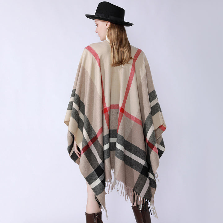 Damen Oversize-Poncho im Kaschmir‑Touch mit V‑Ausschnitt und Fransensaum Drune