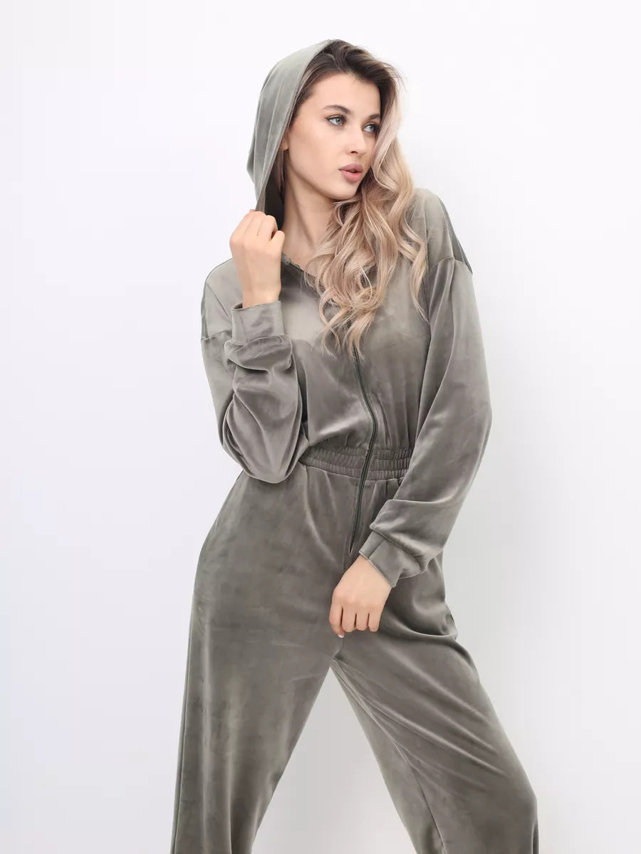 Damen sportlicher Fleece-Jumpsuit mit durchgehendem Reißverschluss Drune