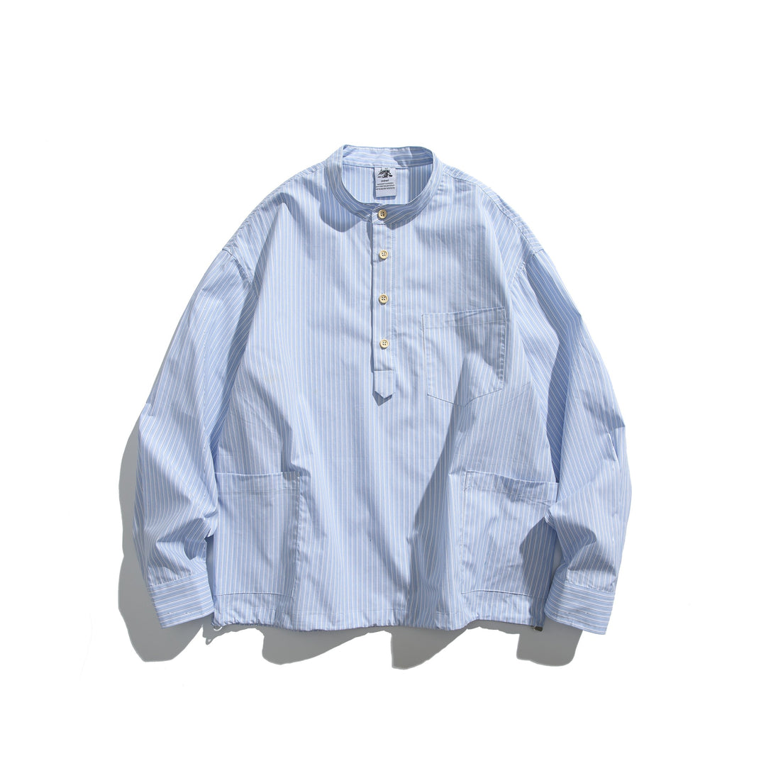 Herren Oversized Hemd im Pullover‑Stil mit Stehkragen, Halbpasse und aufgesetzten Taschen Drune