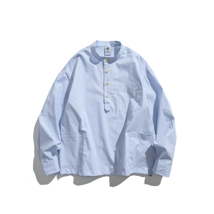Herren Oversized Hemd im Pullover‑Stil mit Stehkragen, Halbpasse und aufgesetzten Taschen Drune