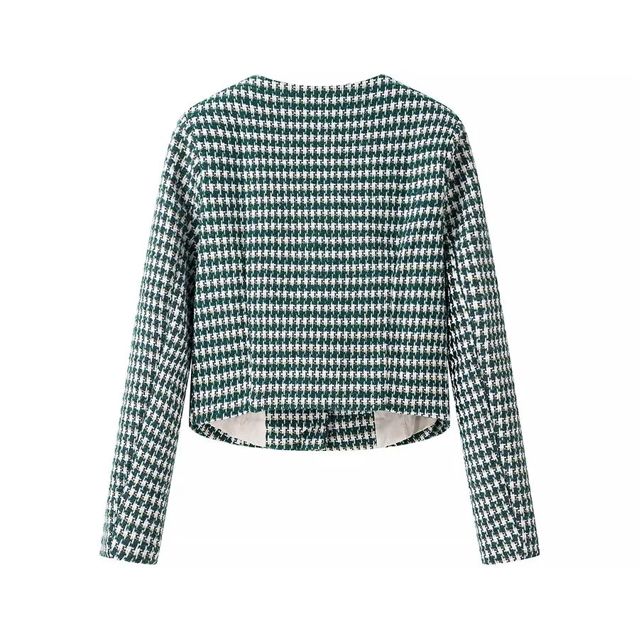 Damen nan kurzer Bouclé-Blazer im Cropped‑Stil mit Hahnentrittmuster, Rundhalsausschnitt und Zierknöpfen Drune
