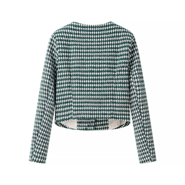 Damen nan kurzer Bouclé-Blazer im Cropped‑Stil mit Hahnentrittmuster, Rundhalsausschnitt und Zierknöpfen Drune