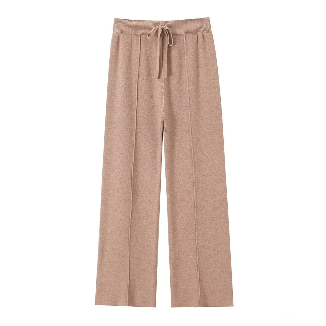 Damen weite Strickhose mit hoher Taille, sichtbarer Bügelfalte und Kordelzugbund Drune