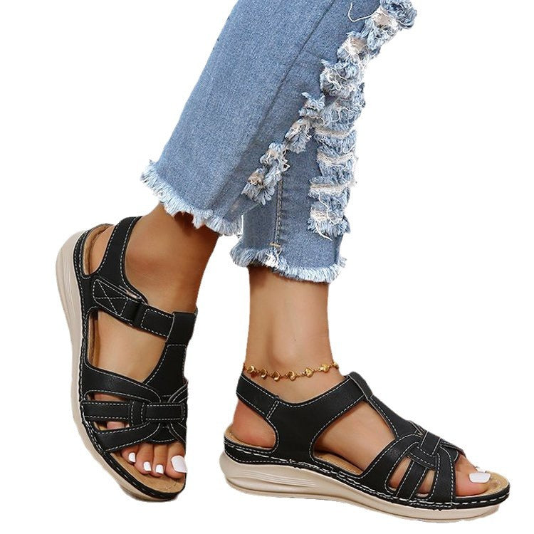 Damen Komfort-Sandalen mit Soft-Leder, geflochtenem Vorderblatt und verstellbarem Klettverschluss Drune