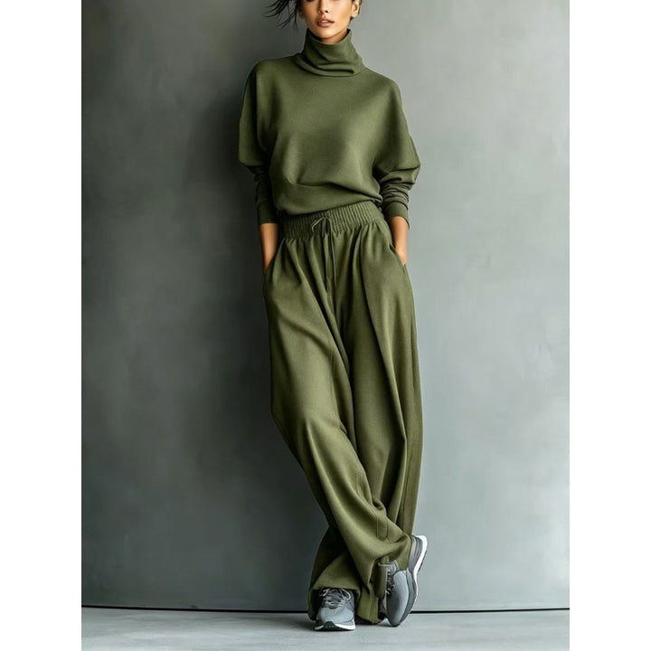 Damen Strick-Loungewear-Set mit Rollkragen und weiten Palazzo-Hosen Drune