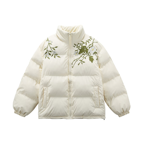 Damen Gepolsterte Oversize-Steppjacke mit Stehkragen und Blumenstickerei Drune