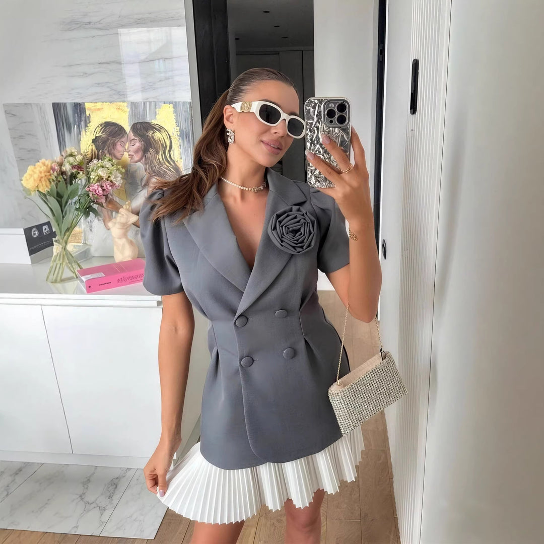 Damen eleganter Blazer mit Puffärmeln und floralem Detail Drune
