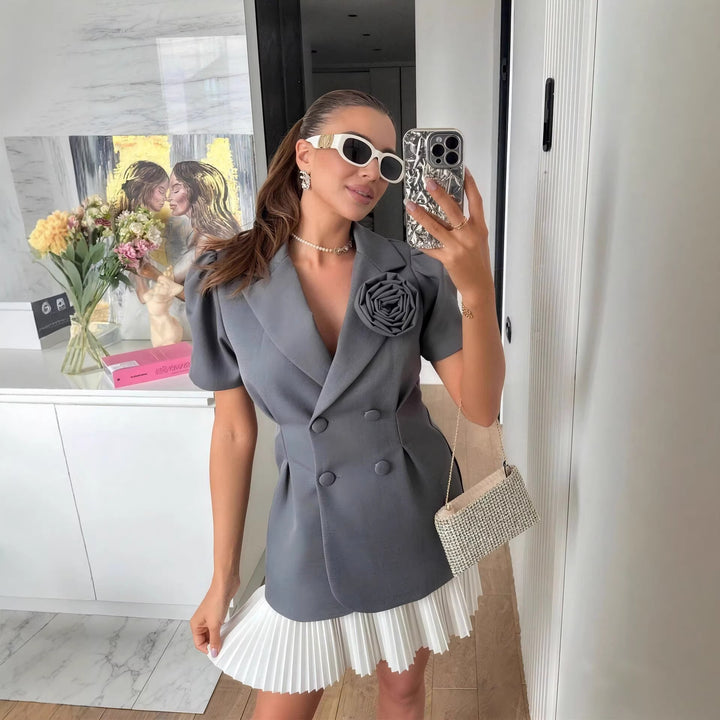 Damen eleganter Blazer mit Puffärmeln und floralem Detail Drune