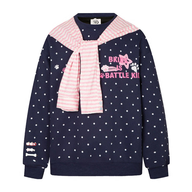 Damen Oversize-Sweatshirt mit Pünktchenmuster, integrierter Streifen-Schalapplikation und Badge-Details Drune