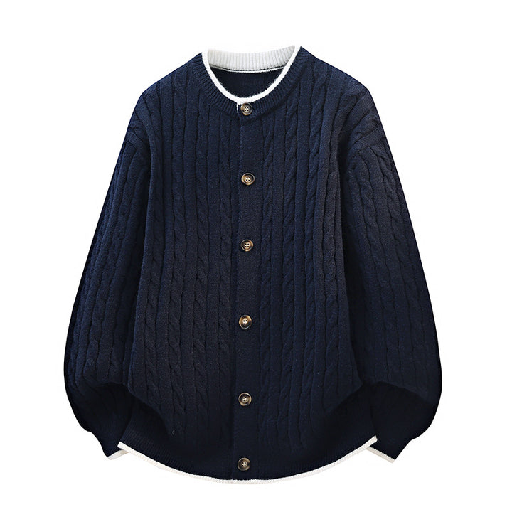 Damen Oversize Zopfstrick-Cardigan mit Rundhalsausschnitt, Holzknopfleiste & Kontrastbesatz Drune