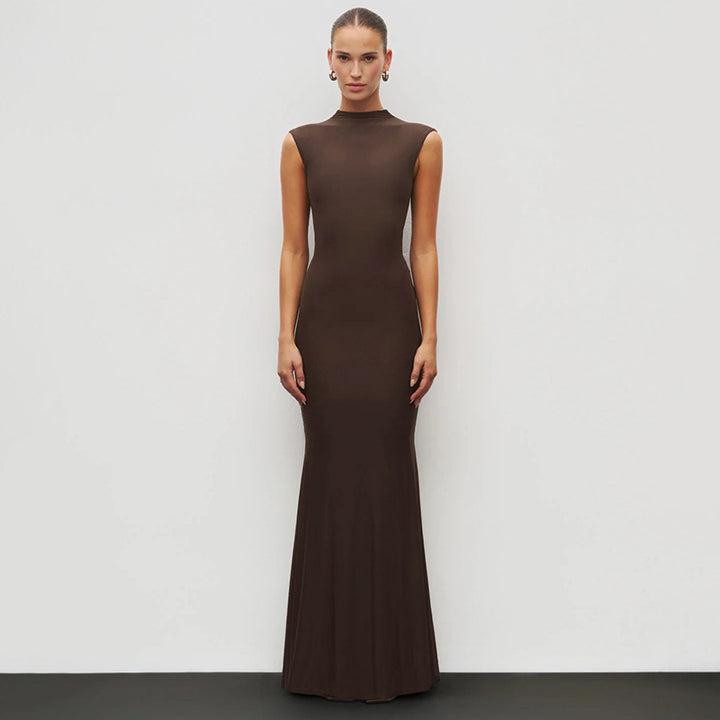 Damen Elegantes Schmalgeschossenes Maxikleid mit hohem Kragen Drune