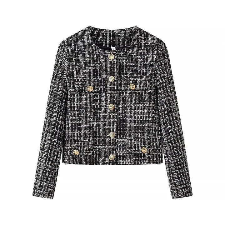 Damen nan kurz geschnittene Bouclé-Jacke im Boxy-Schnitt mit Goldknopf-Detail und Pattentaschen Drune