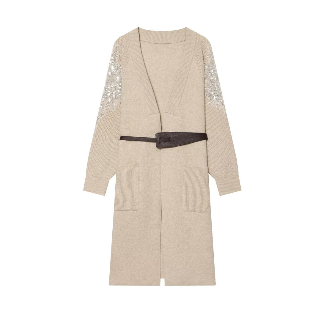 Damen Lange Strickmantel-Cardigan mit Taillengürtel und Paillettenbesatz Drune